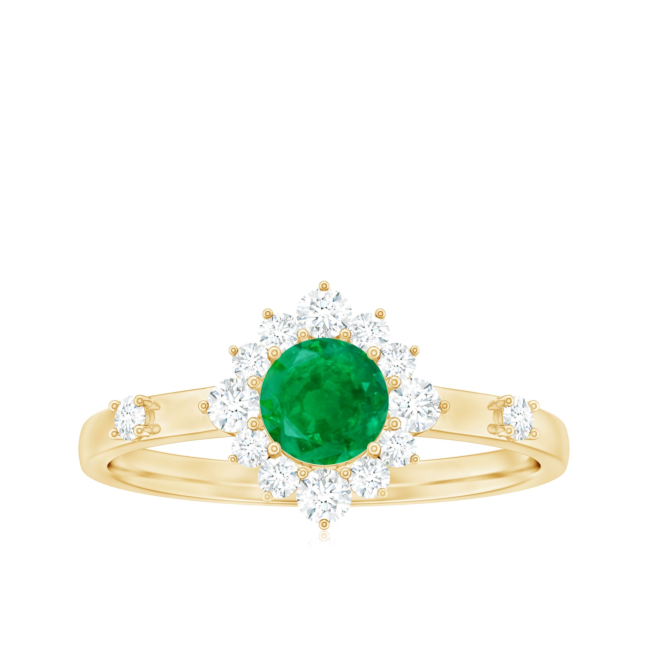 Emerald Promise Ring - 0.4 Carat Round Emerald with Diamond Halo, AAA Quality