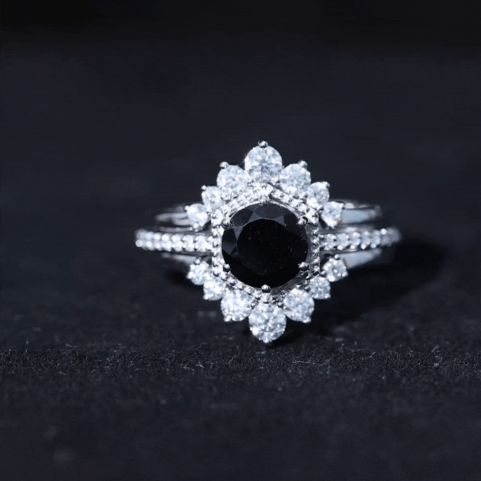 2.6 Carat Vintage Style Black Spinel 3 Piece Ring Set with Moissanite