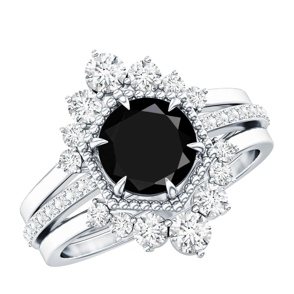 2.6 Carat Vintage Style Black Spinel 3 Piece Ring Set with Moissanite
