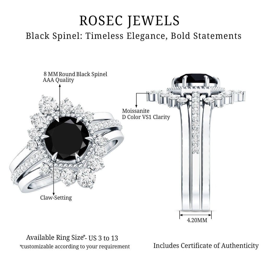 2.6 Carat Vintage Style Black Spinel 3 Piece Ring Set with Moissanite