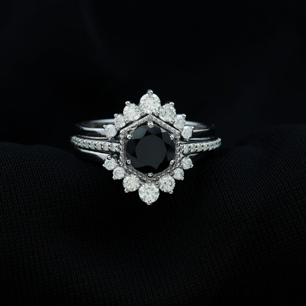2.6 Carat Vintage Style Black Spinel 3 Piece Ring Set with Moissanite
