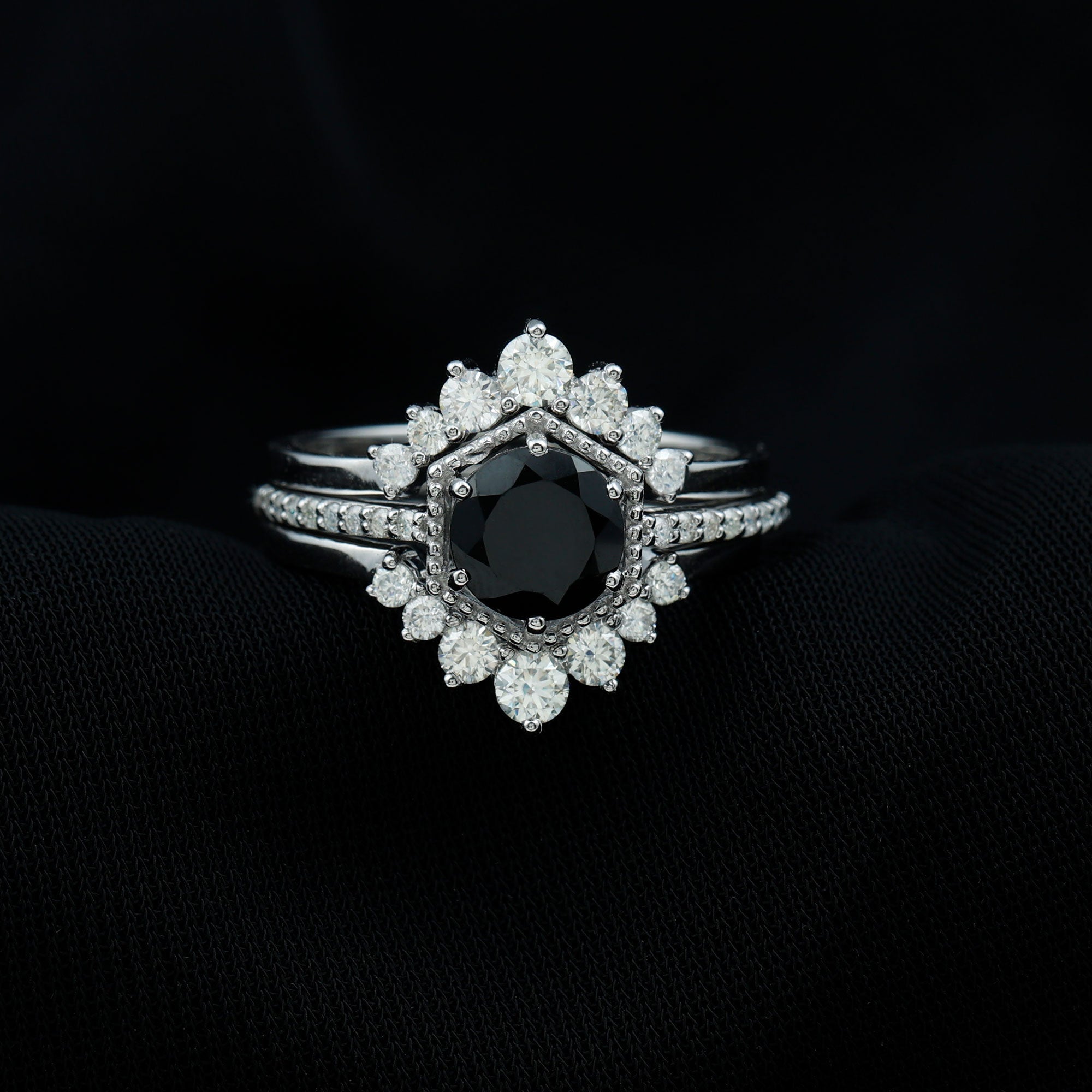 2.6 Carat Vintage Style Black Spinel 3 Piece Ring Set with Moissanite