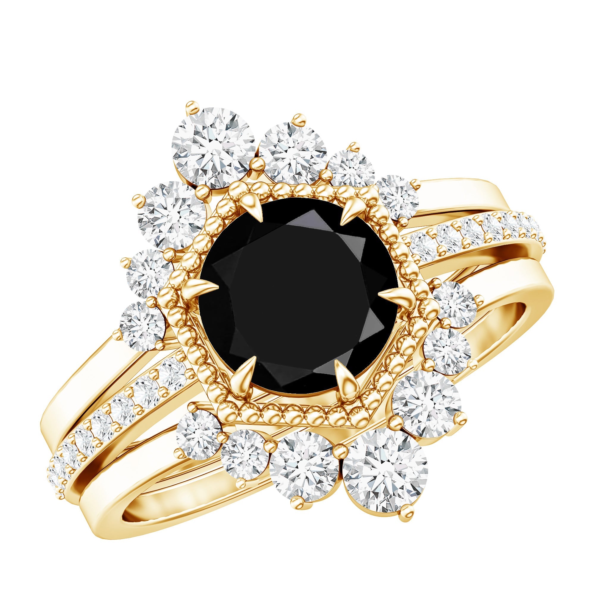 2.6 Carat Vintage Style Black Spinel 3 Piece Ring Set with Moissanite