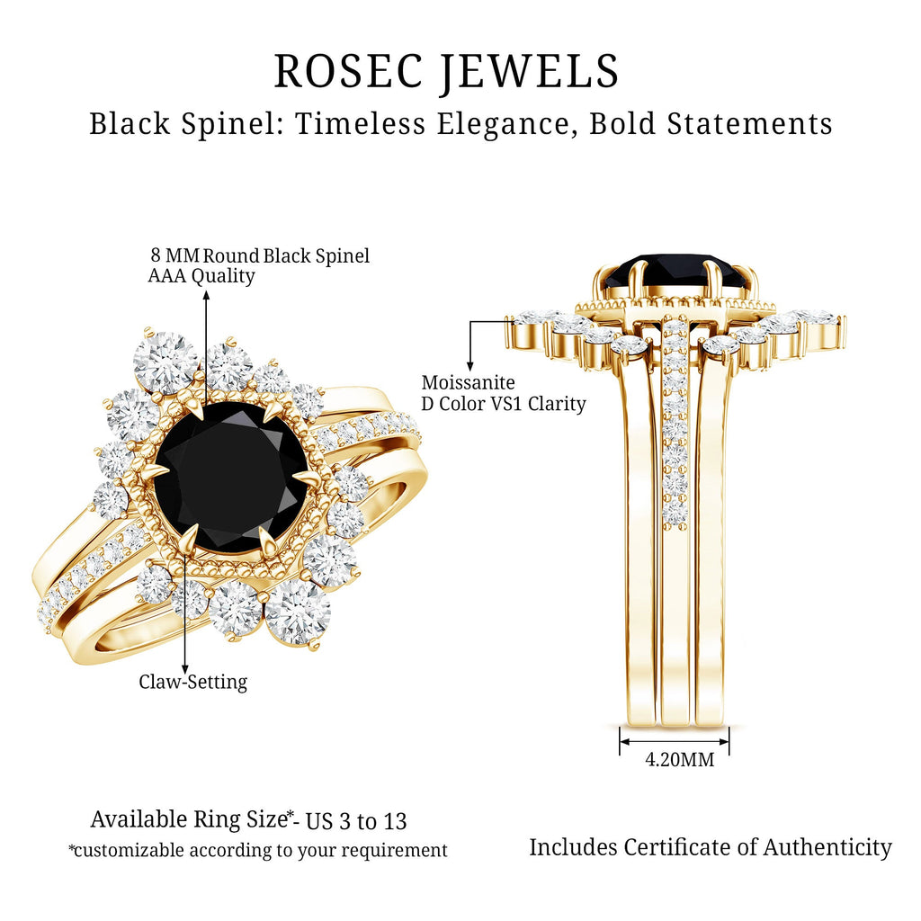 2.6 Carat Vintage Style Black Spinel 3 Piece Ring Set with Moissanite