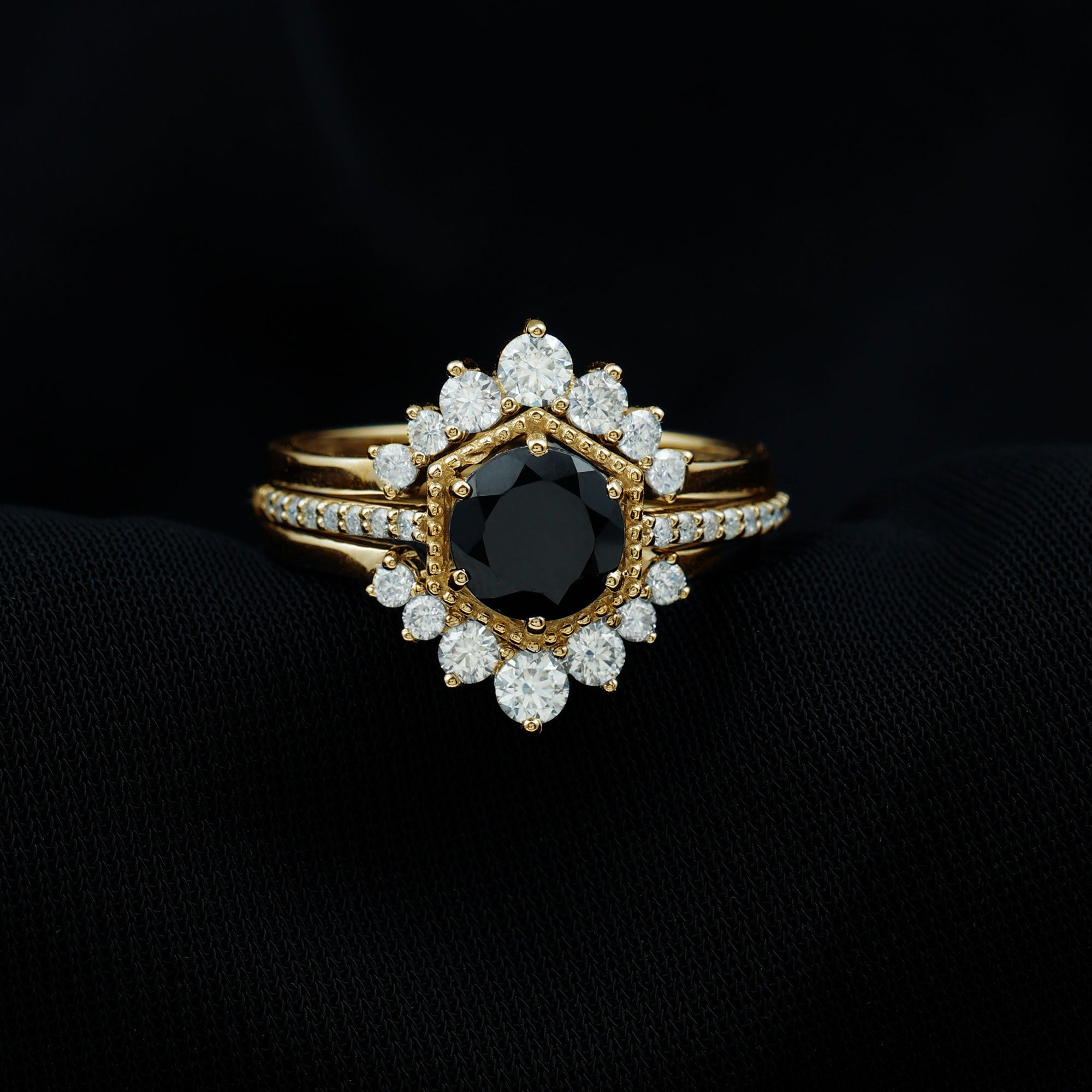 2.6 Carat Vintage Style Black Spinel 3 Piece Ring Set with Moissanite