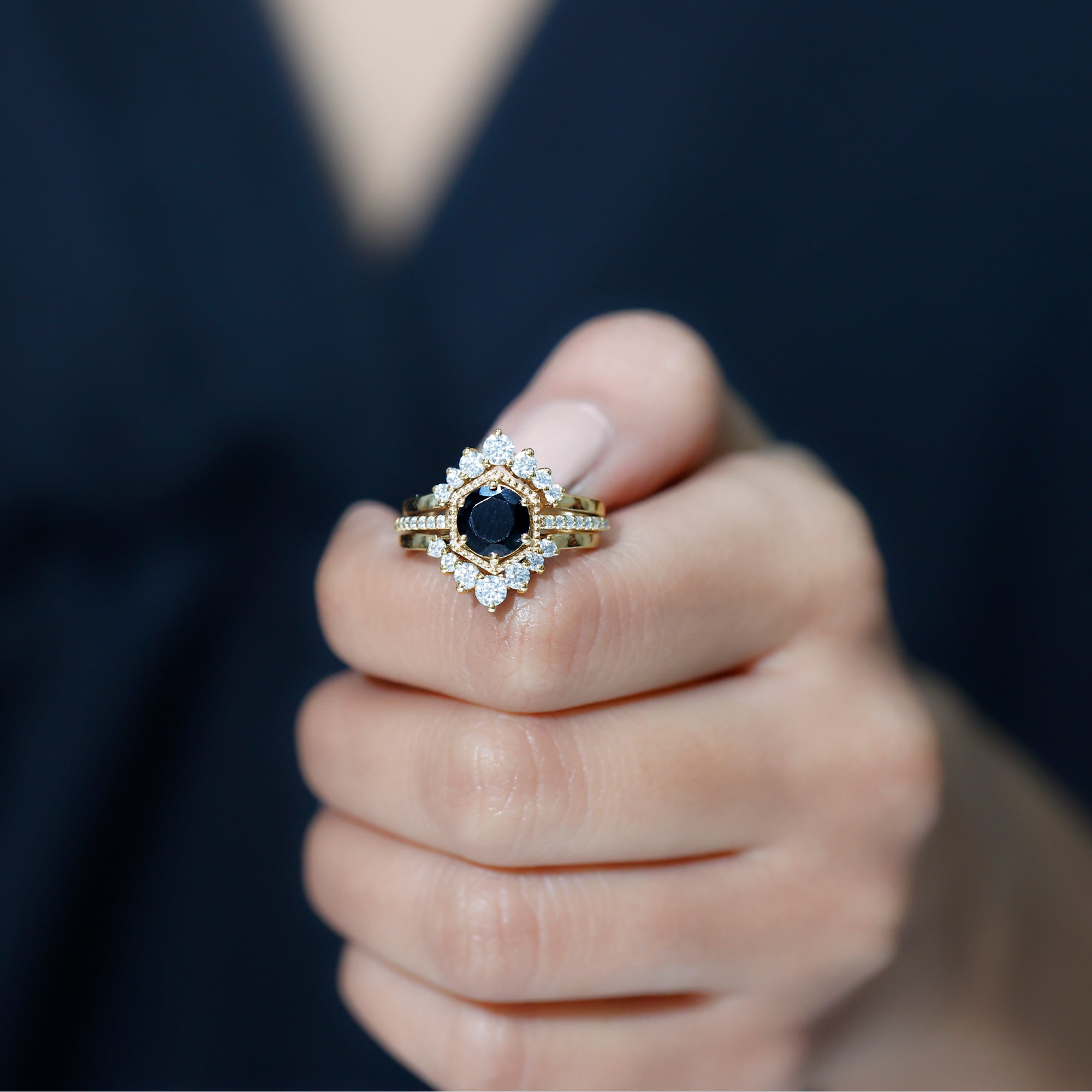 2.6 Carat Vintage Style Black Spinel 3 Piece Ring Set with Moissanite