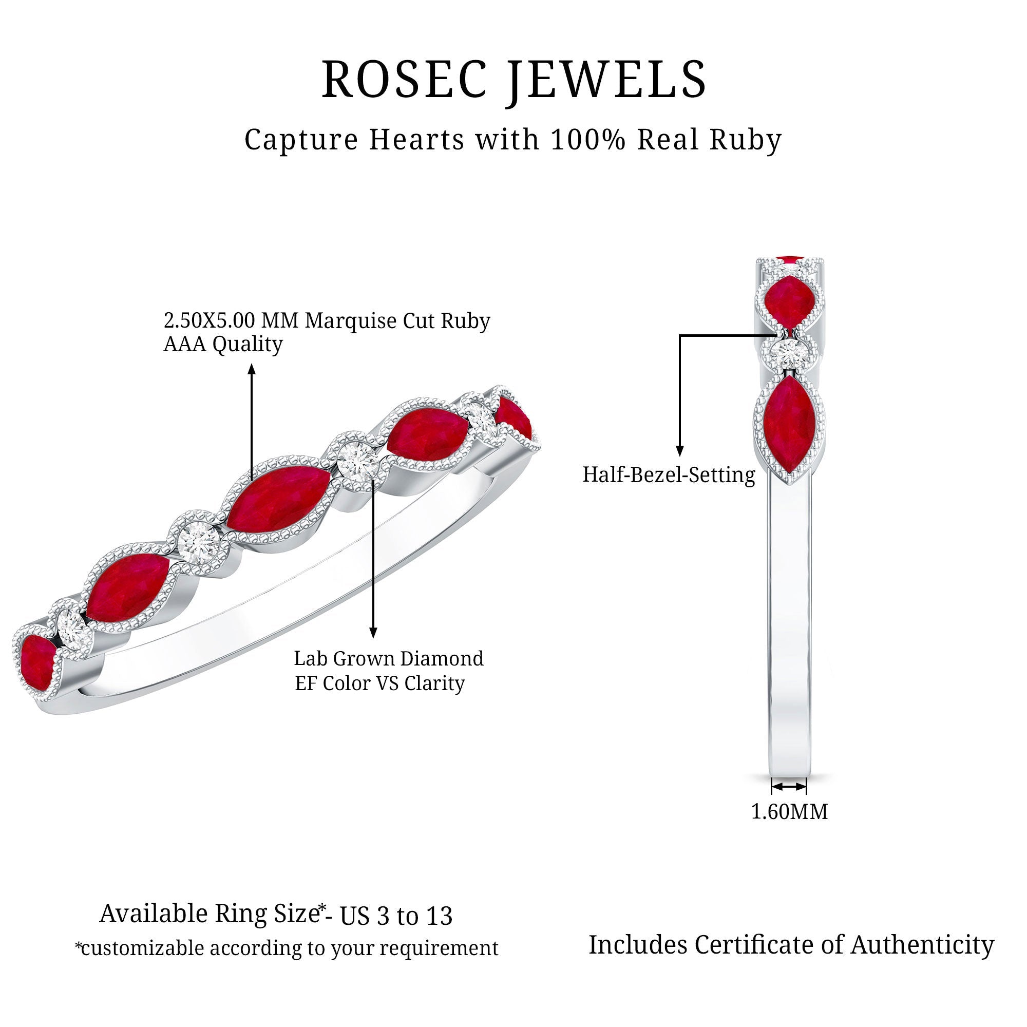 Ruby Half Eternity Ring – Marquise Ruby & Lab Diamond Band With Beaded Detail
