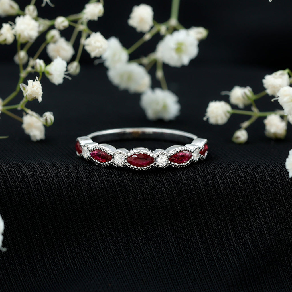 Ruby Half Eternity Ring – Marquise Ruby & Lab Diamond Band With Beaded Detail