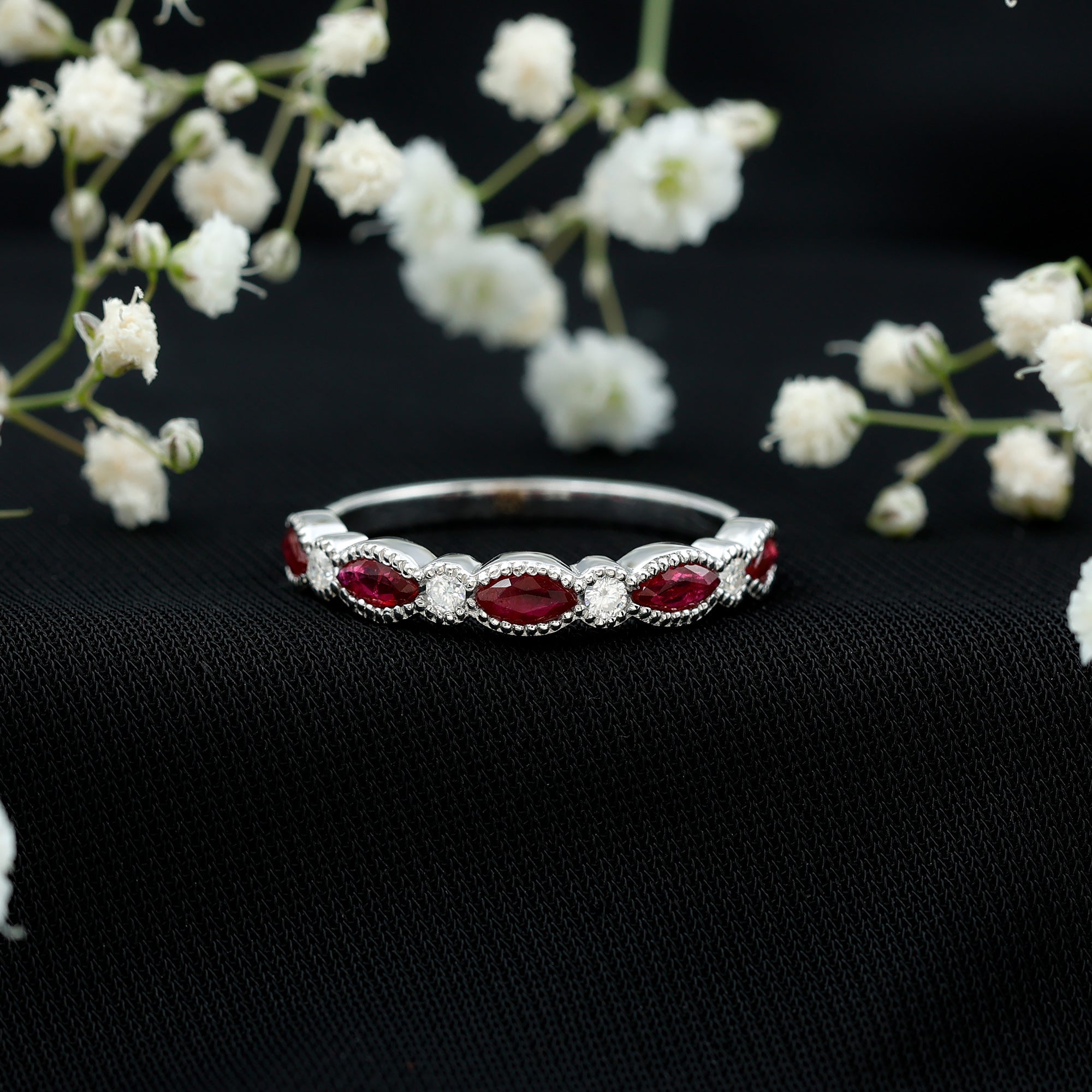 Ruby Half Eternity Ring – Marquise Ruby & Lab Diamond Band With Beaded Detail