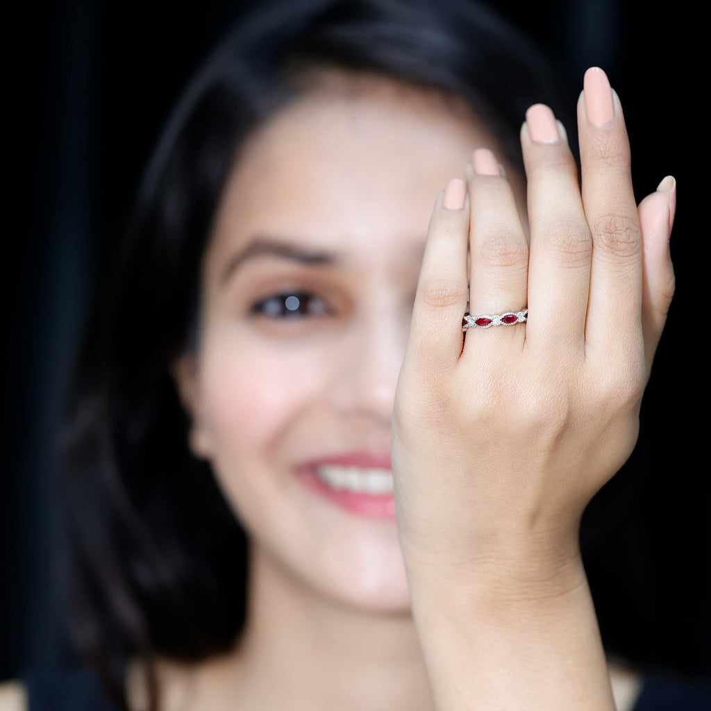 Ruby Half Eternity Ring – Marquise Ruby & Lab Diamond Band With Beaded Detail