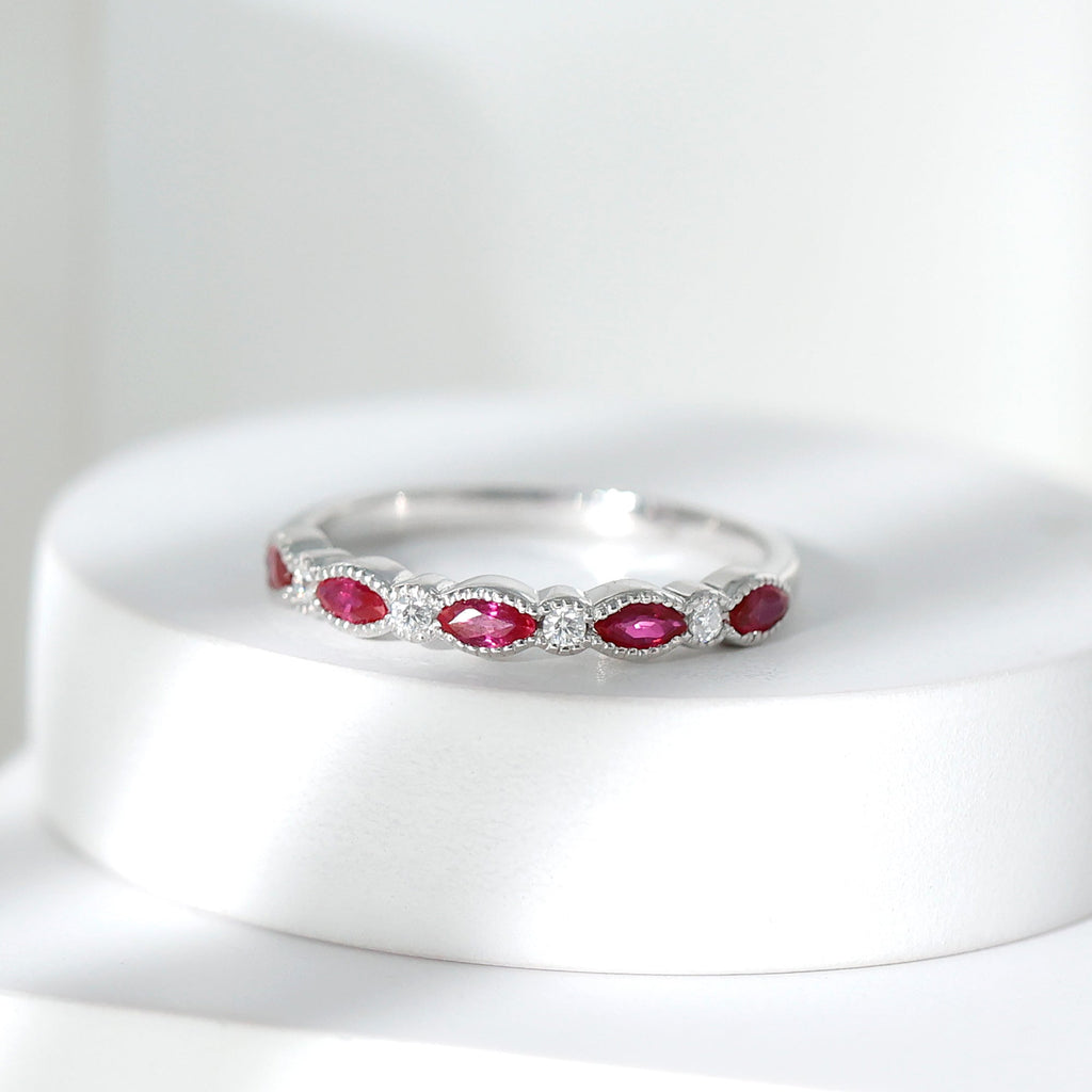 Ruby Half Eternity Ring – Marquise Ruby & Lab Diamond Band With Beaded Detail