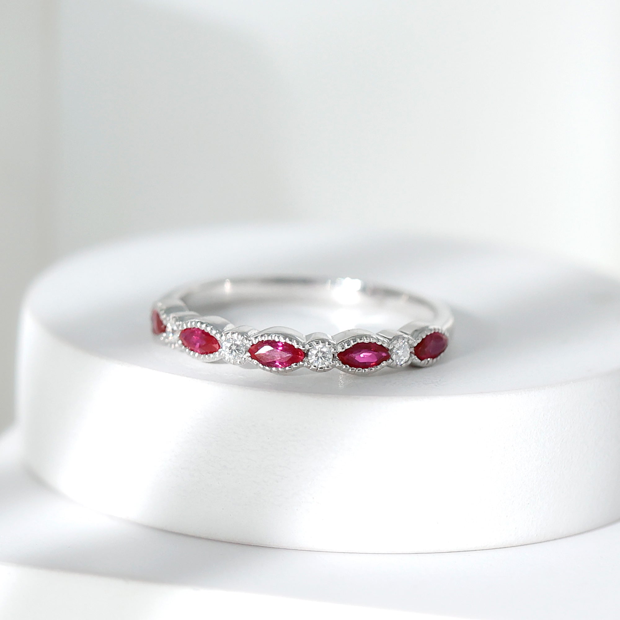 Ruby Half Eternity Ring – Marquise Ruby & Lab Diamond Band With Beaded Detail