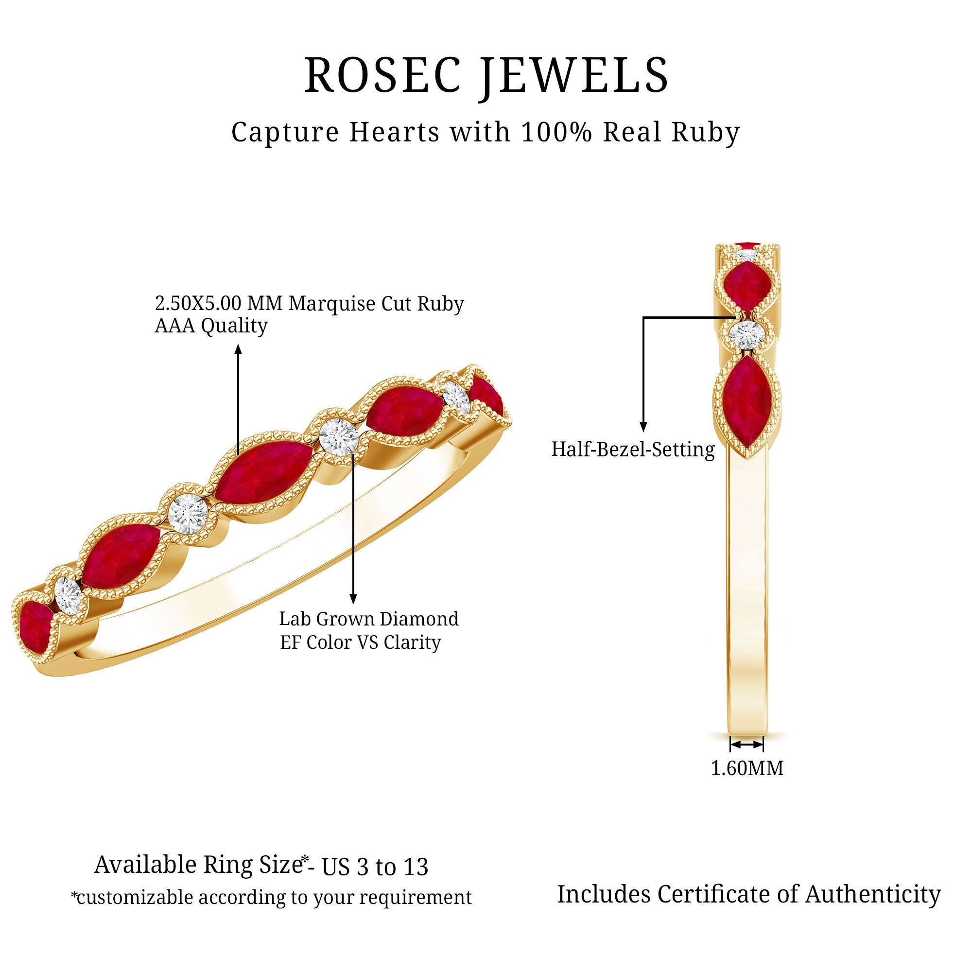 Ruby Half Eternity Ring – Marquise Ruby & Lab Diamond Band With Beaded Detail