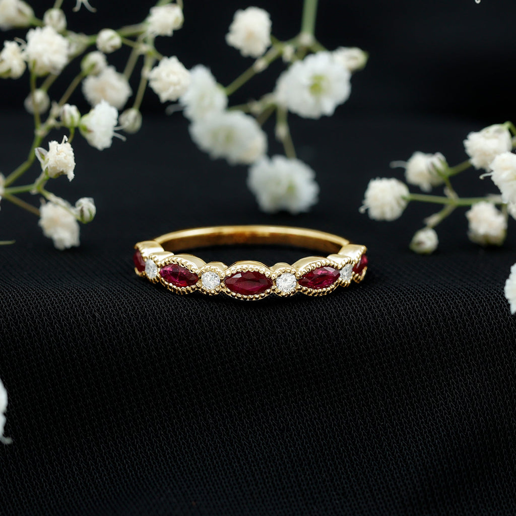 Ruby Half Eternity Ring – Marquise Ruby & Lab Diamond Band With Beaded Detail
