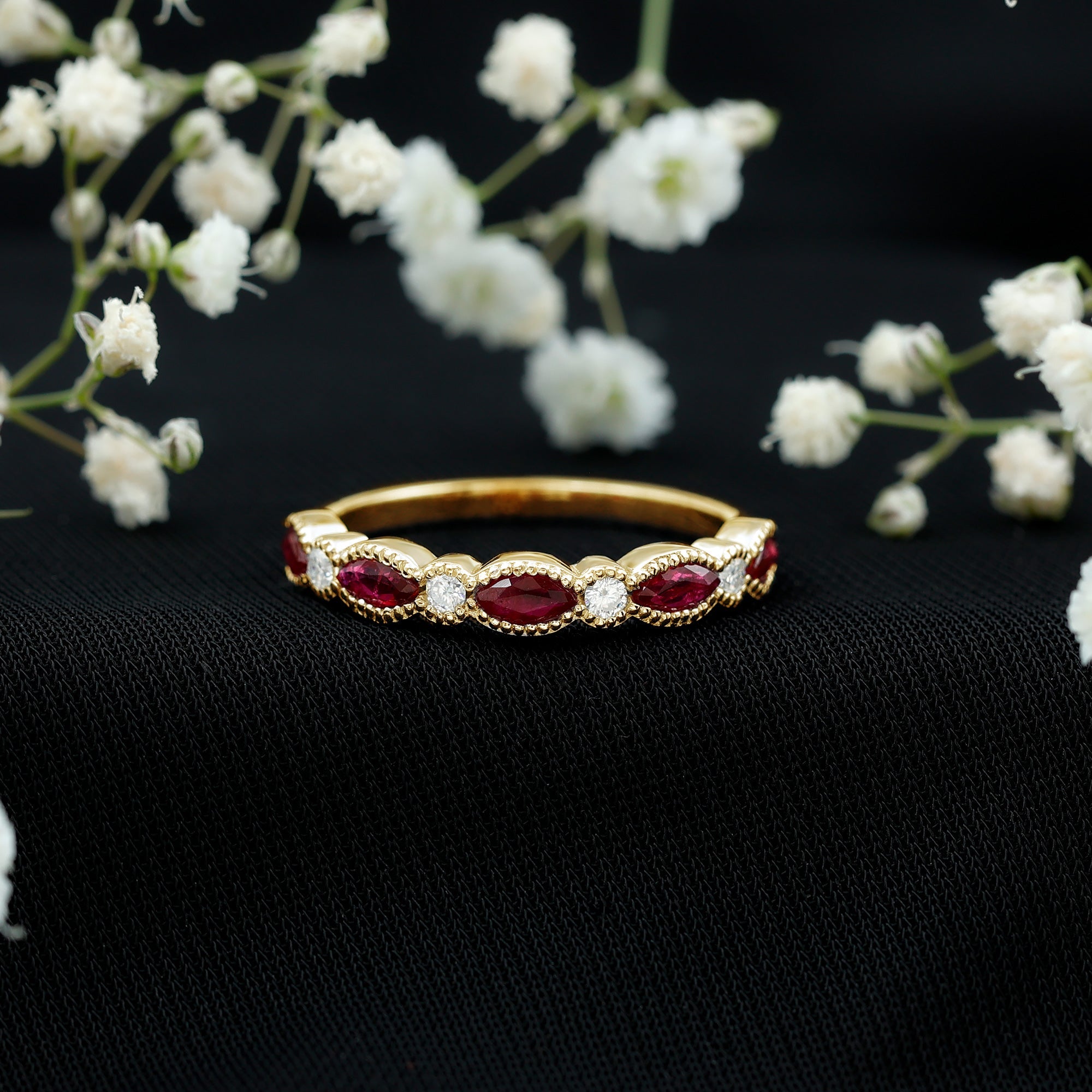 Ruby Half Eternity Ring – Marquise Ruby & Lab Diamond Band With Beaded Detail