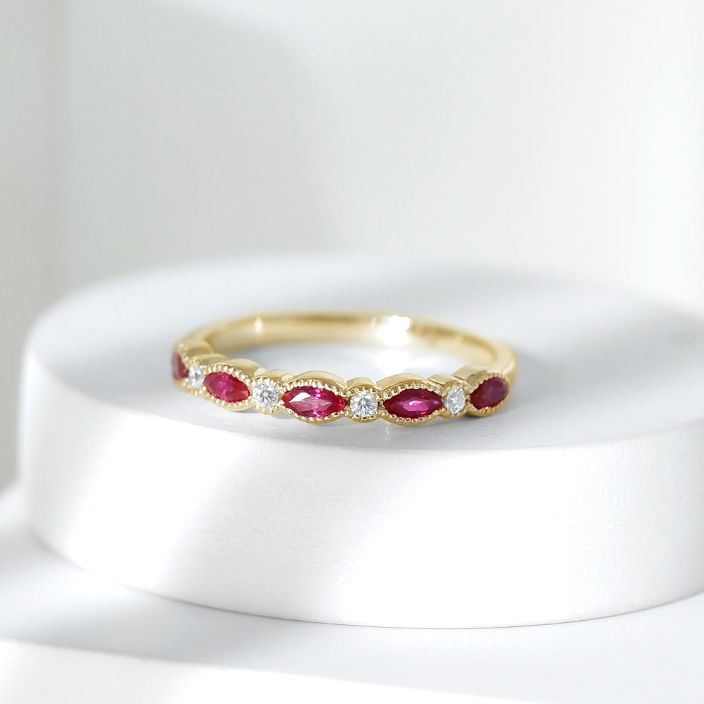 Ruby Half Eternity Ring – Marquise Ruby & Lab Diamond Band With Beaded Detail