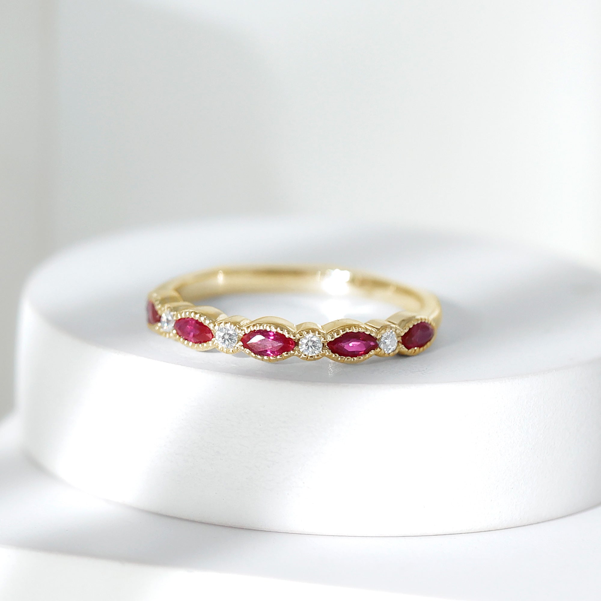 Ruby Half Eternity Ring – Marquise Ruby & Lab Diamond Band With Beaded Detail