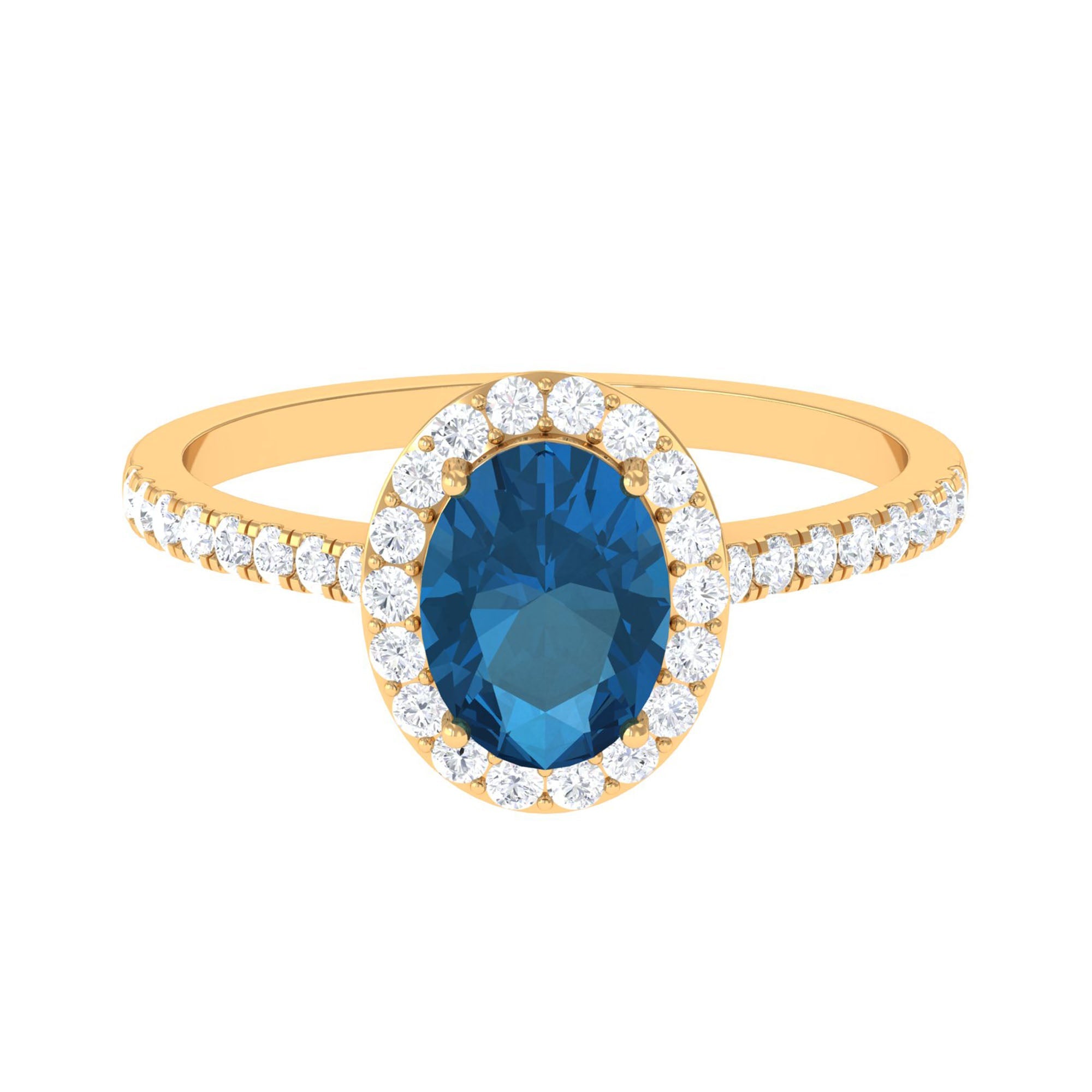 1 Carat Oval Cut London Blue Topaz Engagement Ring with Diamond Halo