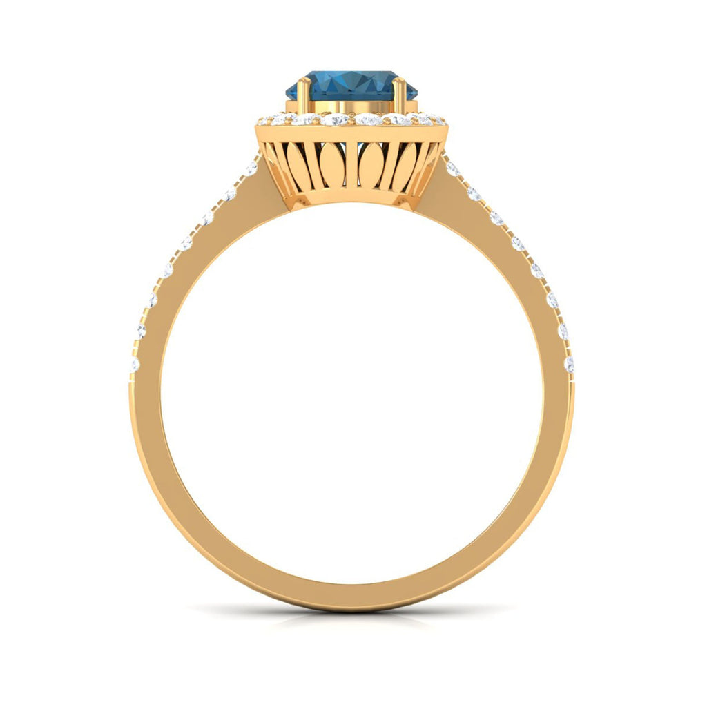 1 Carat Oval Cut London Blue Topaz Engagement Ring with Diamond Halo