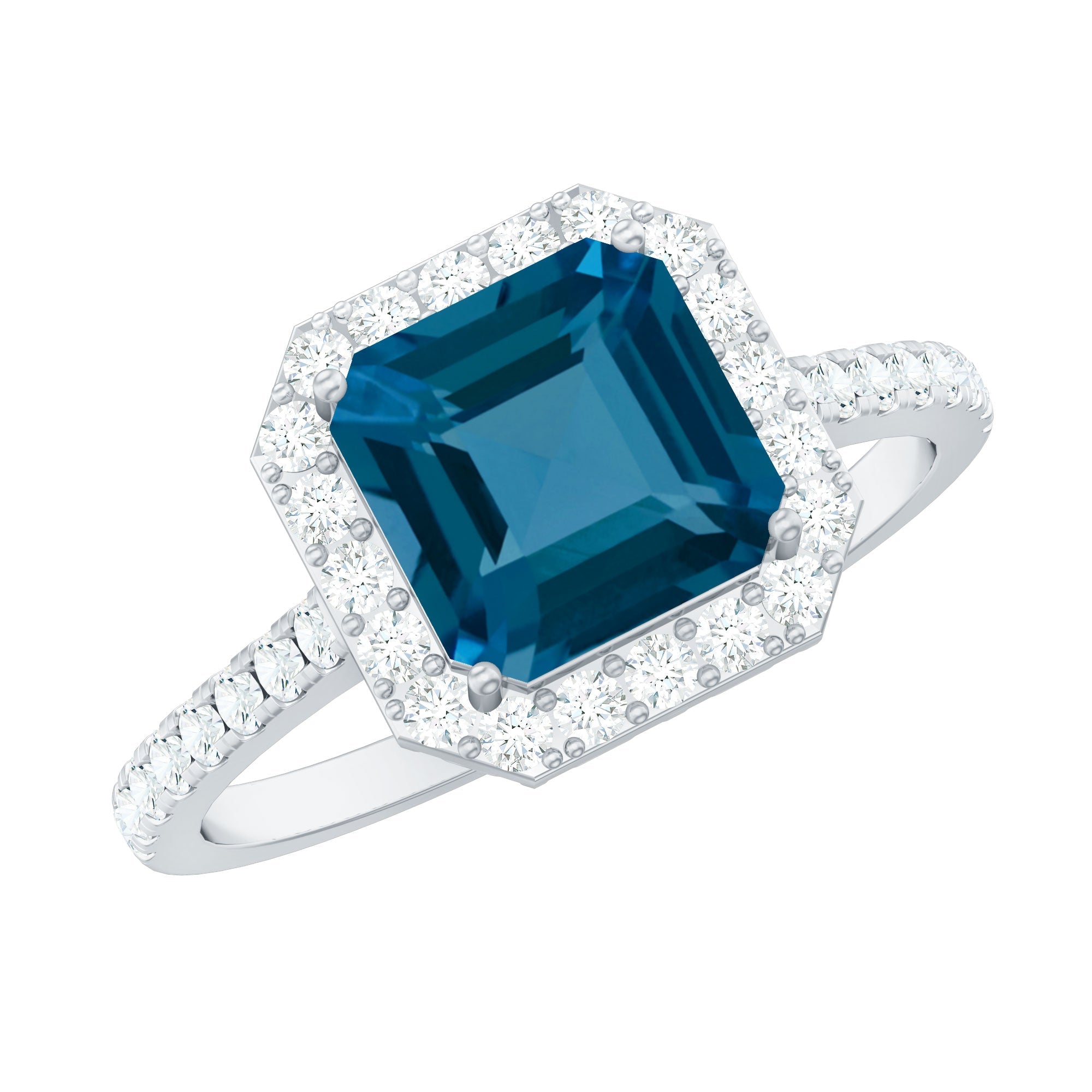 Real 3 Carat London Blue Topaz Asscher Cut Engagement Ring with Diamond