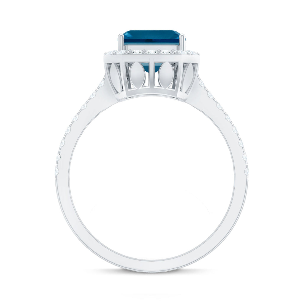 Real 3 Carat London Blue Topaz Asscher Cut Engagement Ring with Diamond