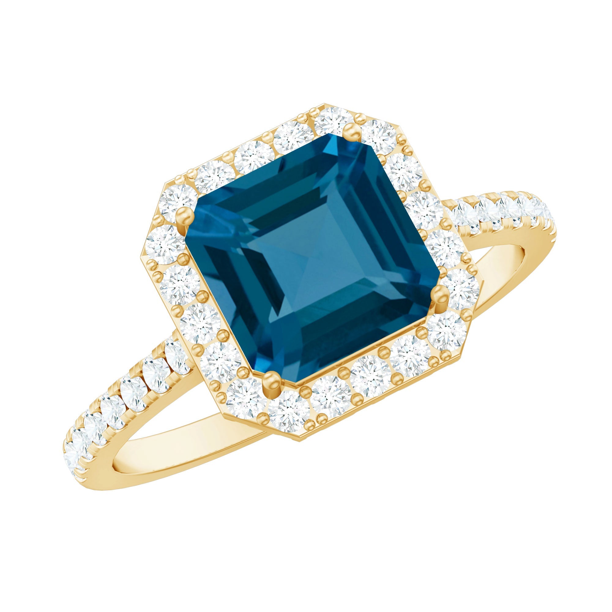 Real 3 Carat London Blue Topaz Asscher Cut Engagement Ring with Diamond