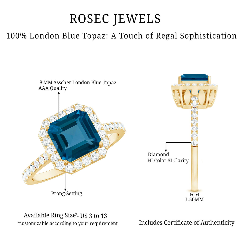 Real 3 Carat London Blue Topaz Asscher Cut Engagement Ring with Diamond
