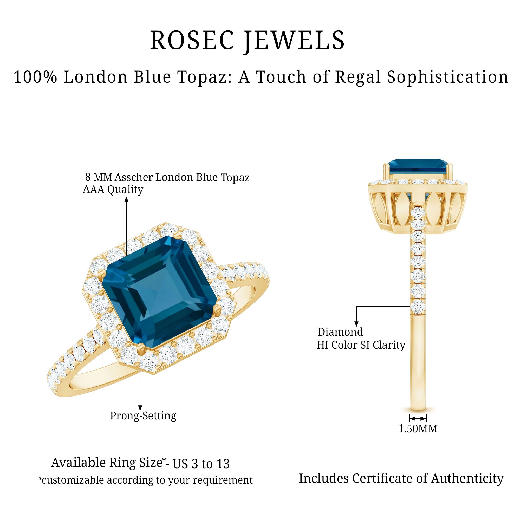 Real 3 Carat London Blue Topaz Asscher Cut Engagement Ring with Diamond