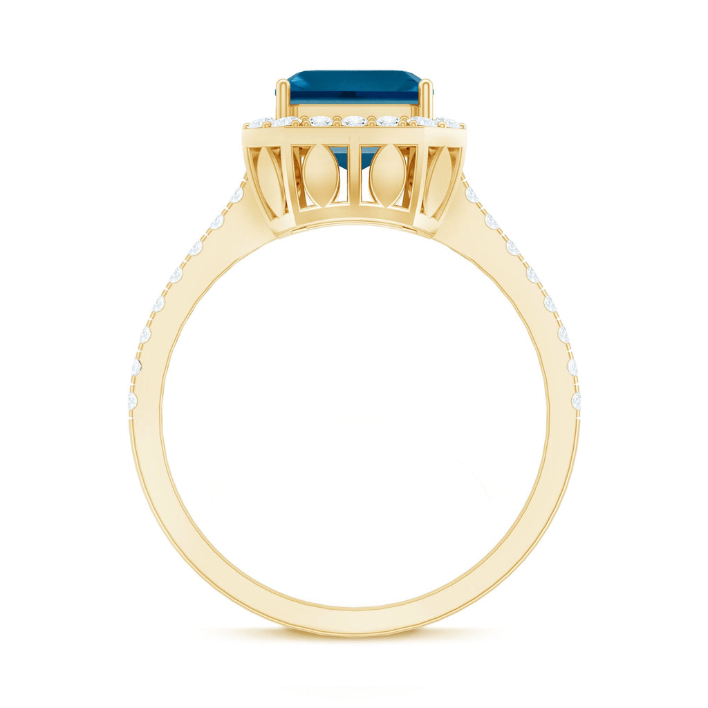Real 3 Carat London Blue Topaz Asscher Cut Engagement Ring with Diamond