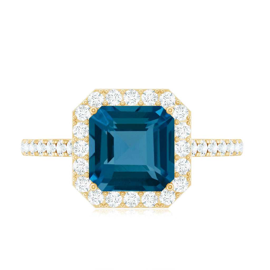Real 3 Carat London Blue Topaz Asscher Cut Engagement Ring with Diamond