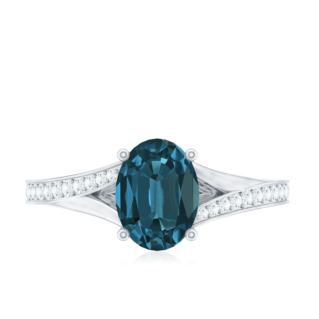 1 Carat Oval Cut London Blue Topaz Engagement Ring with Diamond Split Shank