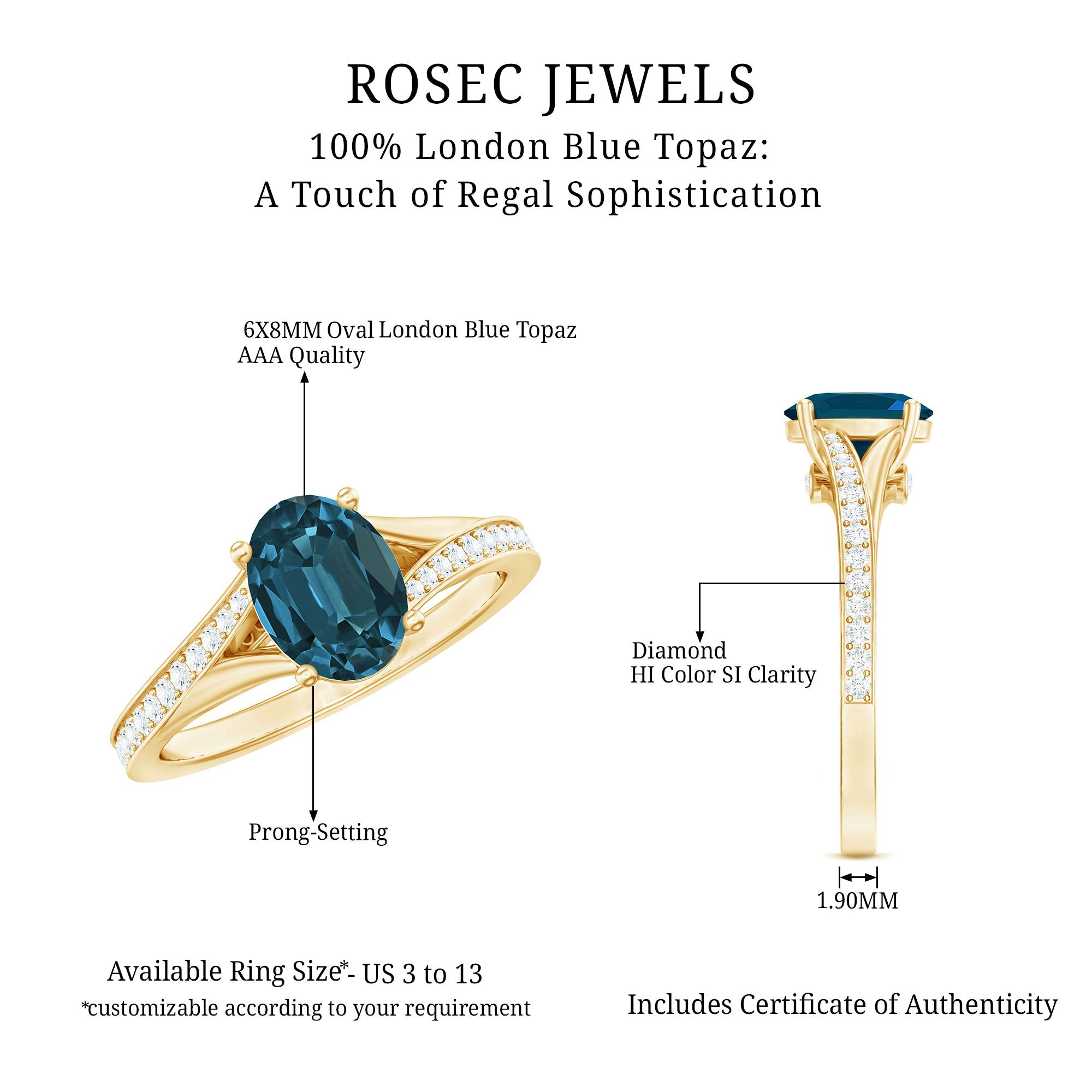 1 Carat Oval Cut London Blue Topaz Engagement Ring with Diamond Split Shank
