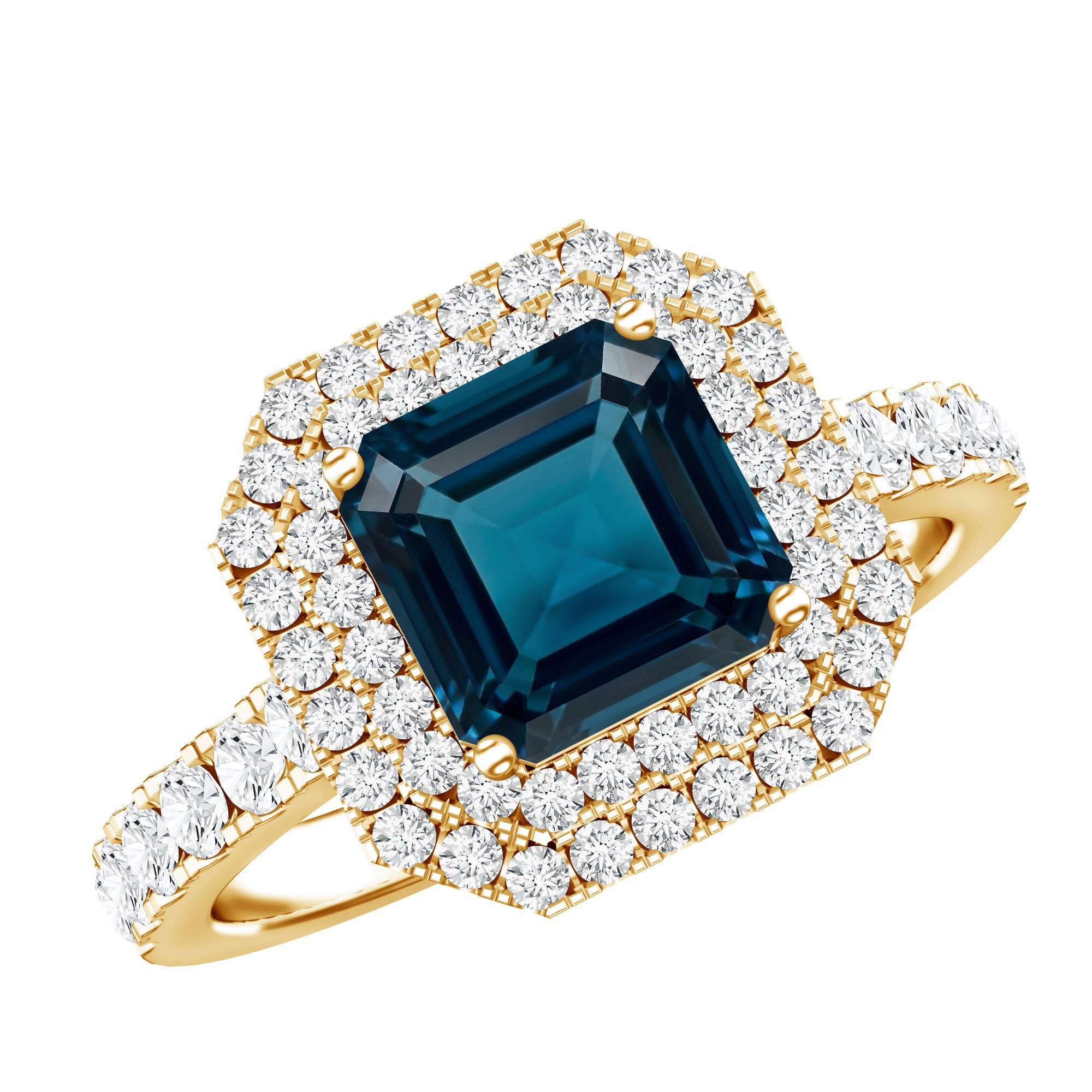 3 Carat Asscher Cut London Blue Topaz Engagement Ring with Double Halo