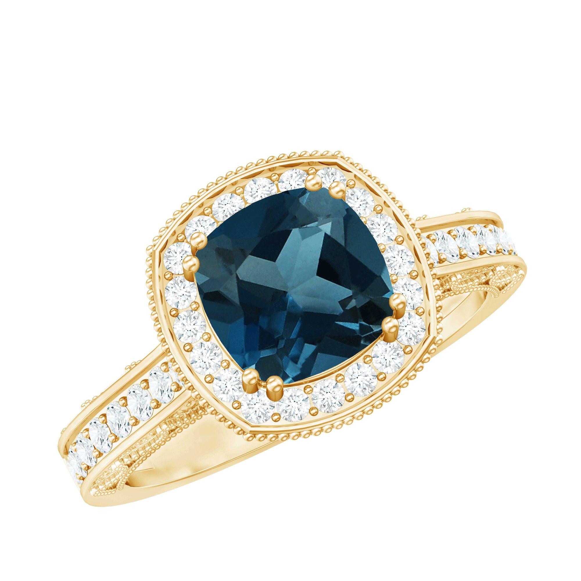 2.8 Carat Cushion Cut London Blue Topaz Vintage Inspired Ring with Diamond Halo