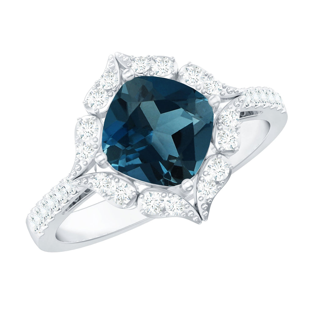 2.8 Carat Cushion Cut London Blue Topaz Nature Engagement Ring with Diamond Halo