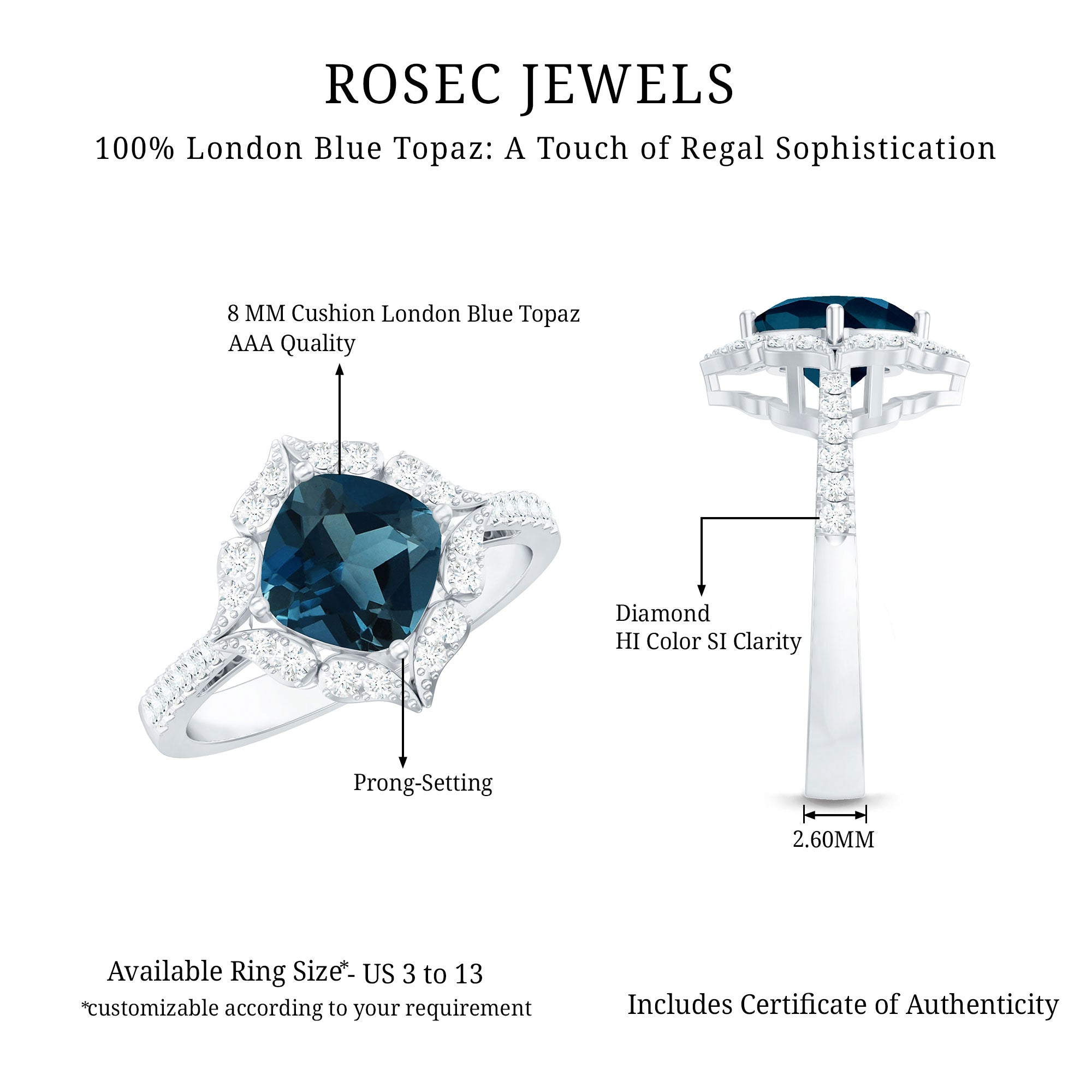 2.8 Carat Cushion Cut London Blue Topaz Nature Engagement Ring with Diamond Halo