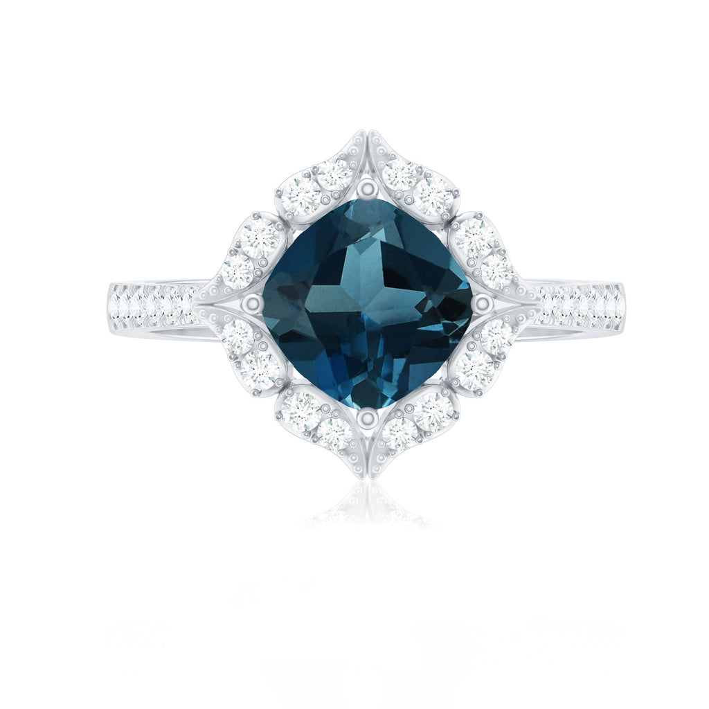 2.8 Carat Cushion Cut London Blue Topaz Nature Engagement Ring with Diamond Halo