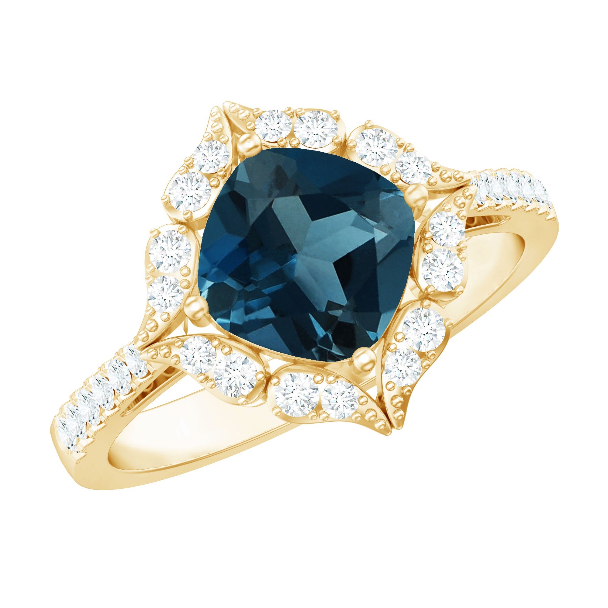 2.8 Carat Cushion Cut London Blue Topaz Nature Engagement Ring with Diamond Halo