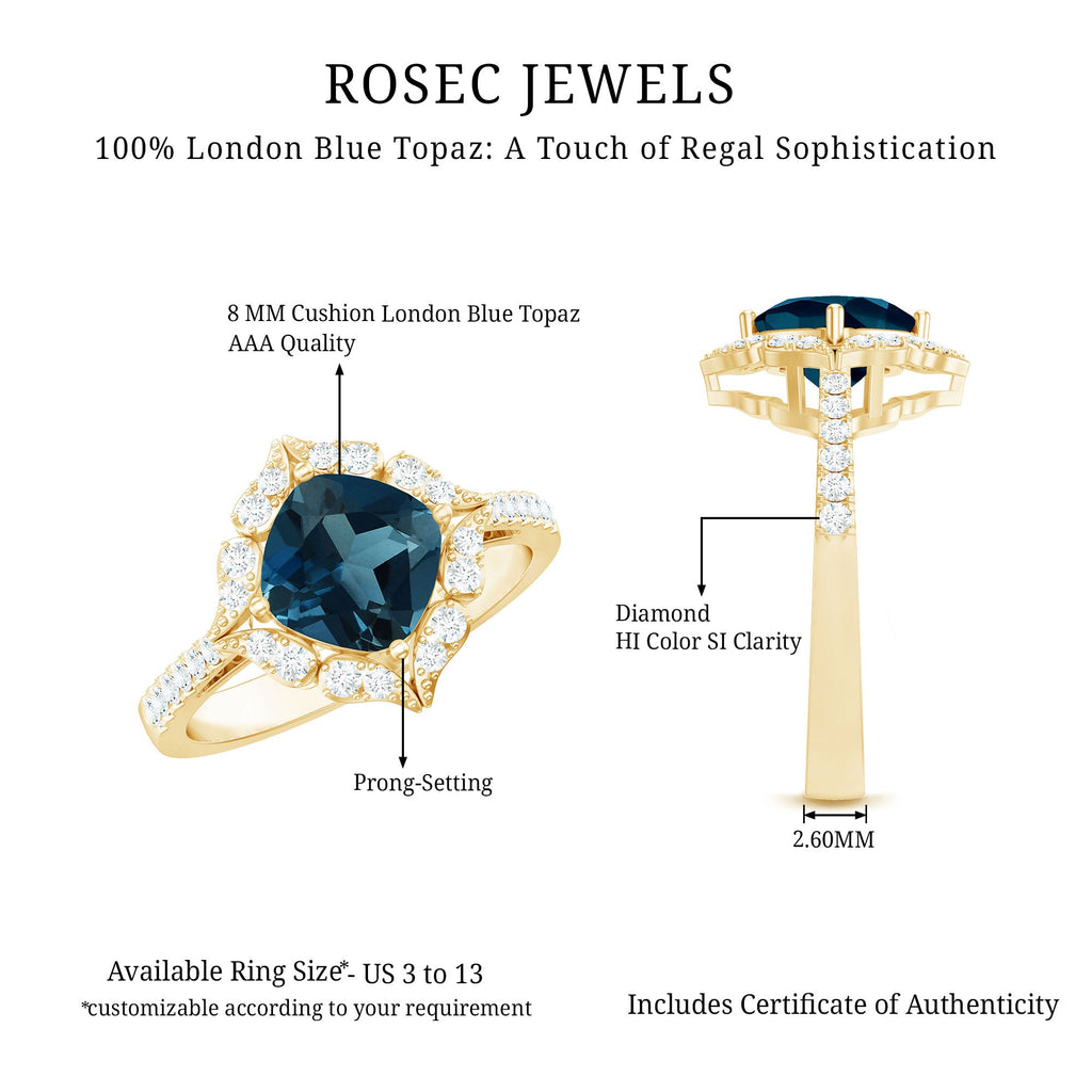 2.8 Carat Cushion Cut London Blue Topaz Nature Engagement Ring with Diamond Halo
