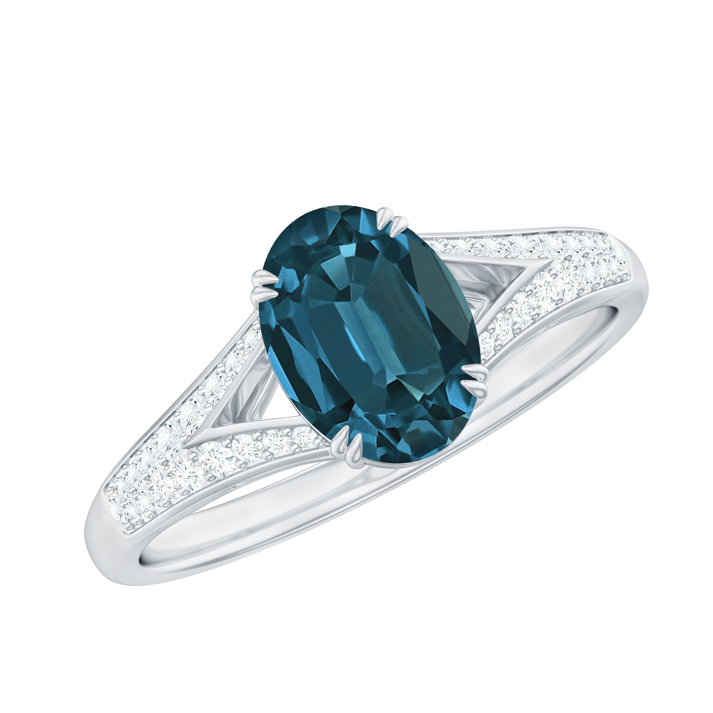 1 Carat Oval Cut London Blue Topaz Solitaire Engagement Ring with Diamond Split Shank