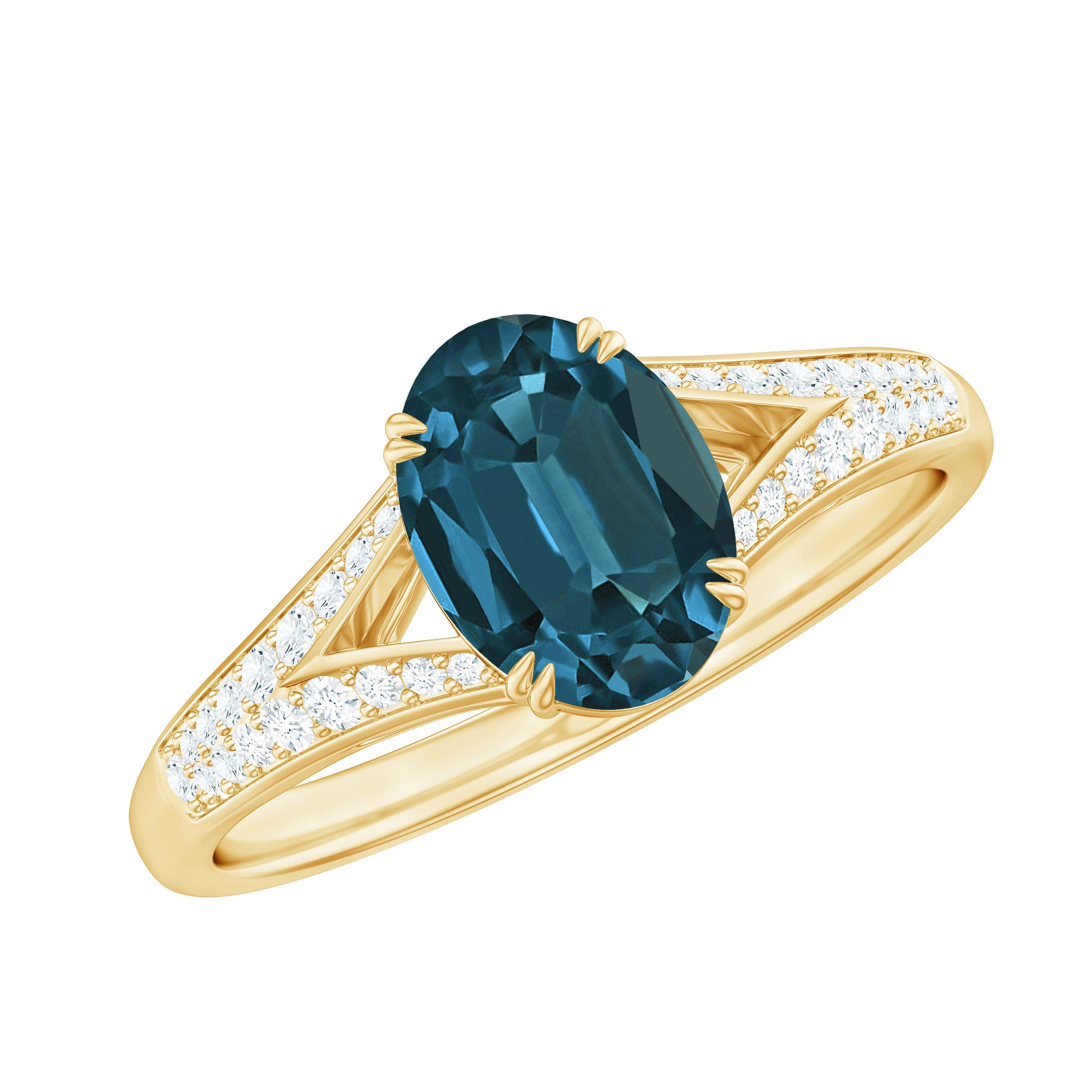 1 Carat Oval Cut London Blue Topaz Solitaire Engagement Ring with Diamond Split Shank