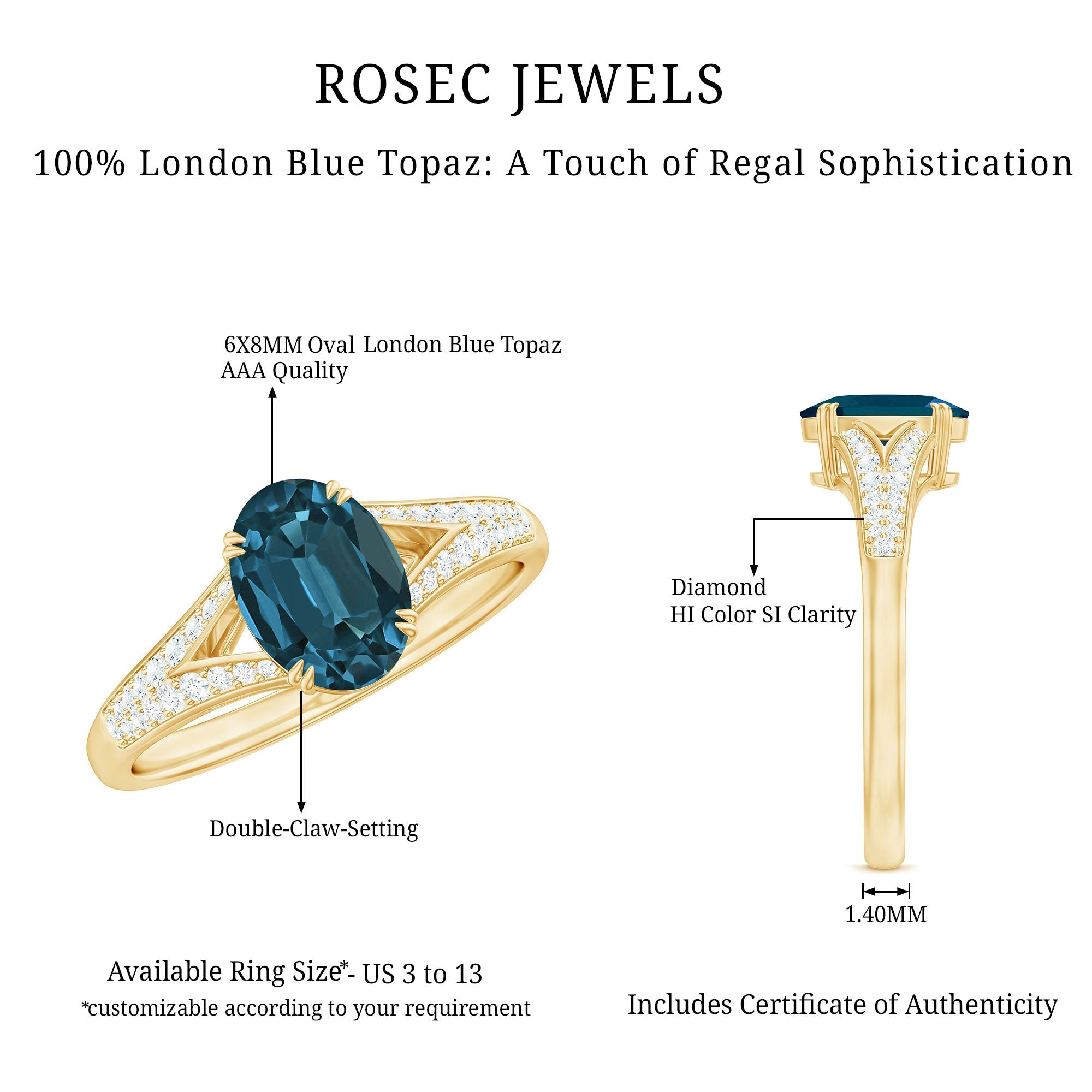1 Carat Oval Cut London Blue Topaz Solitaire Engagement Ring with Diamond Split Shank