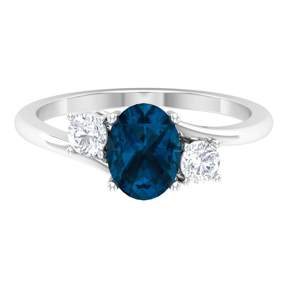 1 Carat Oval Cut London Blue Topaz Three Stone Engagement Ring with Diamond