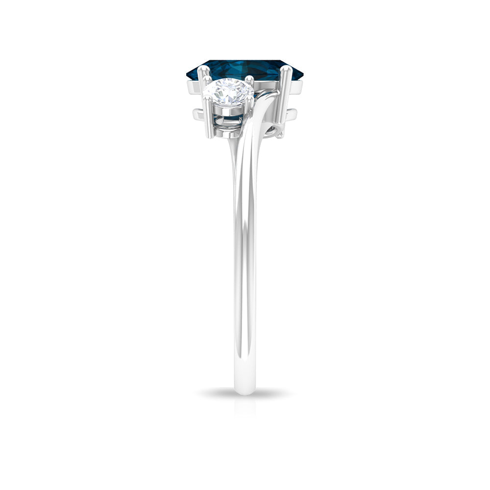 1 Carat Oval Cut London Blue Topaz Three Stone Engagement Ring with Diamond