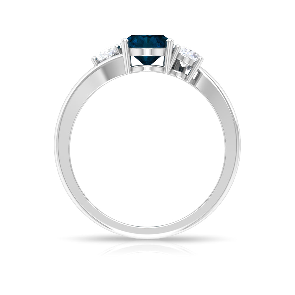 1 Carat Oval Cut London Blue Topaz Three Stone Engagement Ring with Diamond