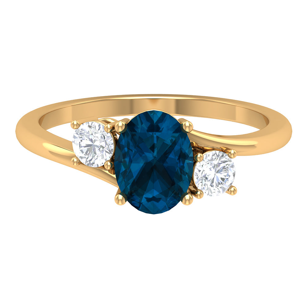 1 Carat Oval Cut London Blue Topaz Three Stone Engagement Ring with Diamond