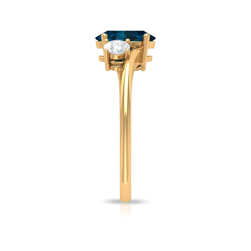 1 Carat Oval Cut London Blue Topaz Three Stone Engagement Ring with Diamond