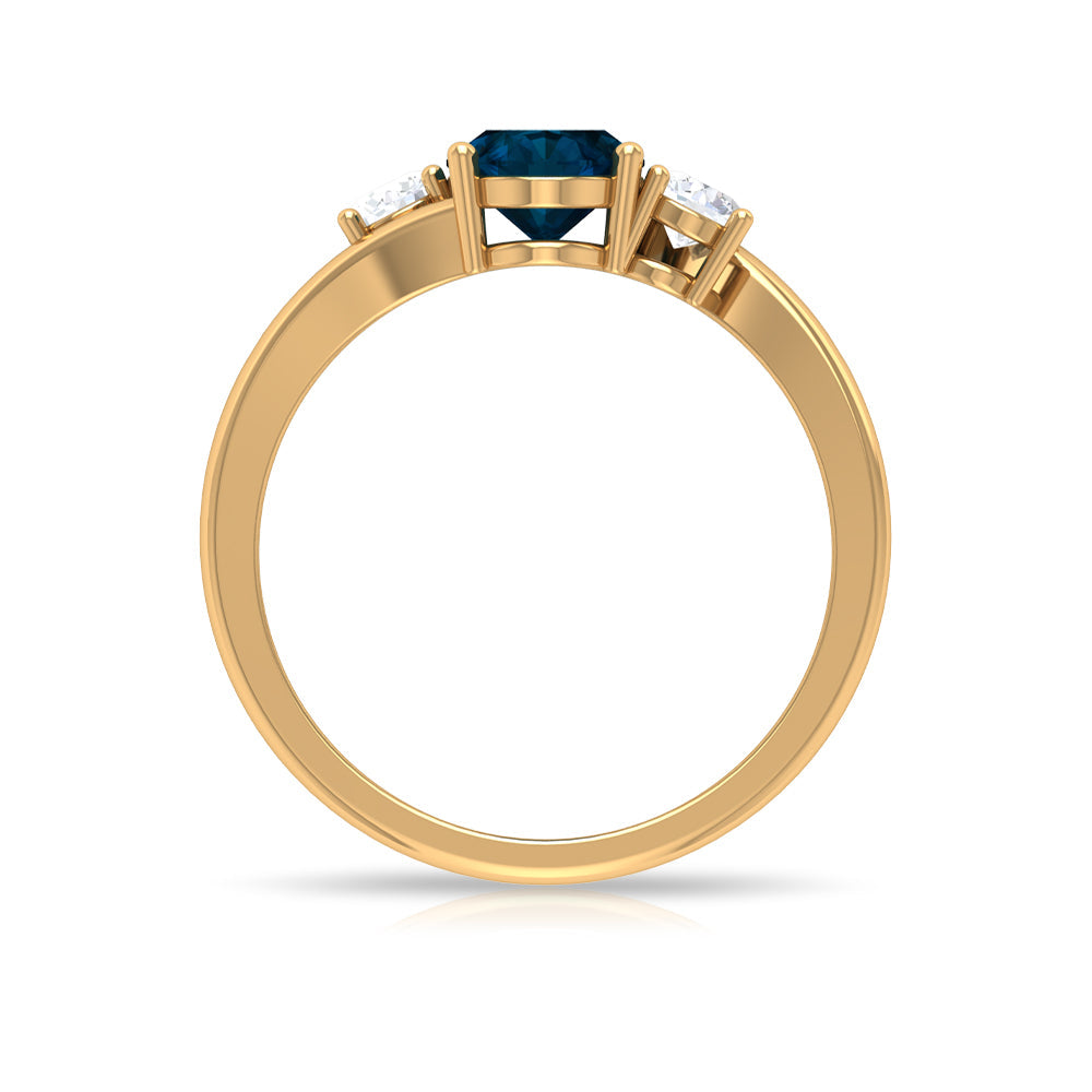 1 Carat Oval Cut London Blue Topaz Three Stone Engagement Ring with Diamond