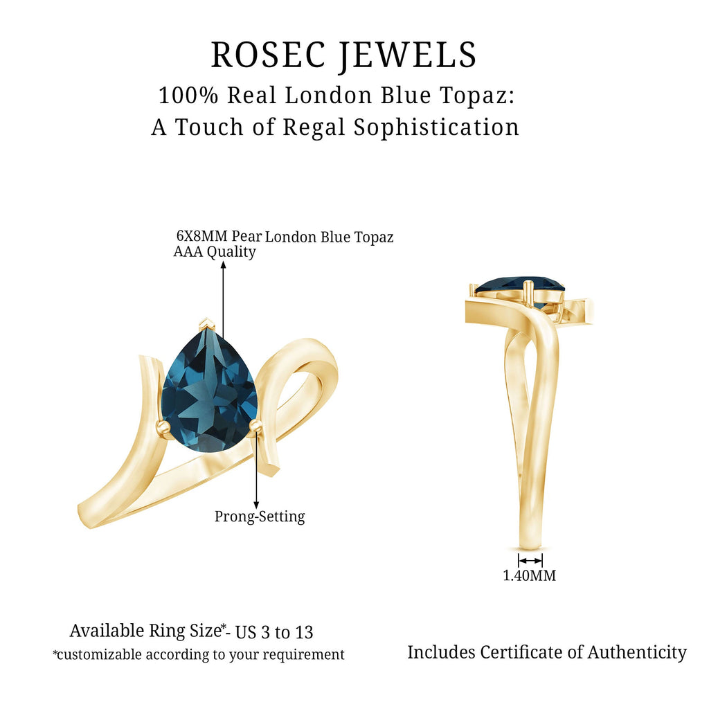 1 Carat Pear Shape London Blue Topaz Solitaire Ring with Bypass Shank