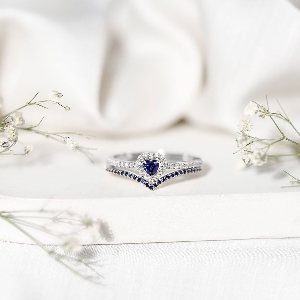 Certified Lab Grown Blue Sapphire Heart Engagement Ring Set with Real Diamond